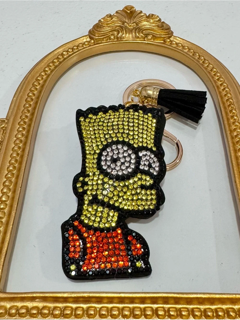 New Yellow Crystal Embellished Bart Simpson Keychain with Black Tassel